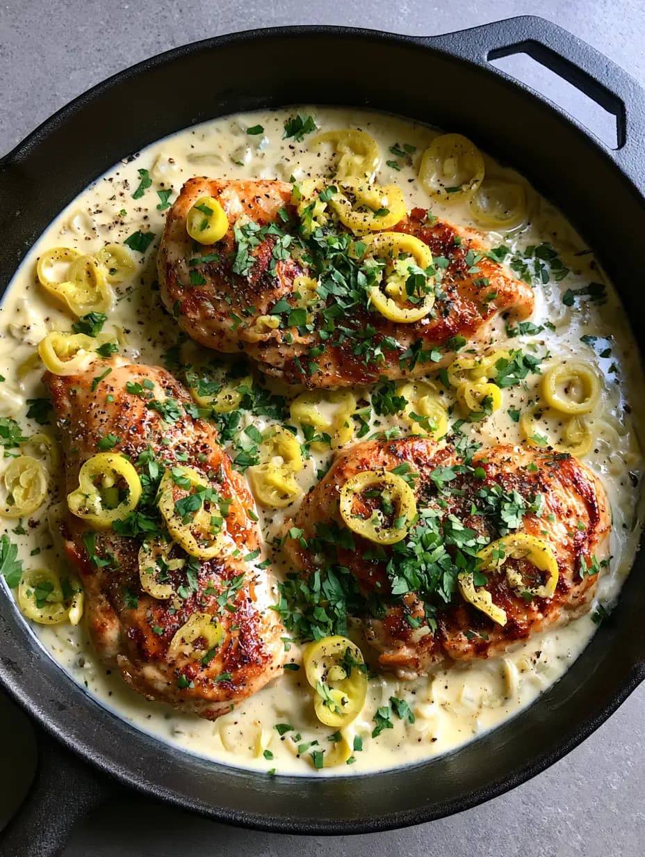 Creamy Pepperoncini Chicken with Garlic and Pepperoncini Brine