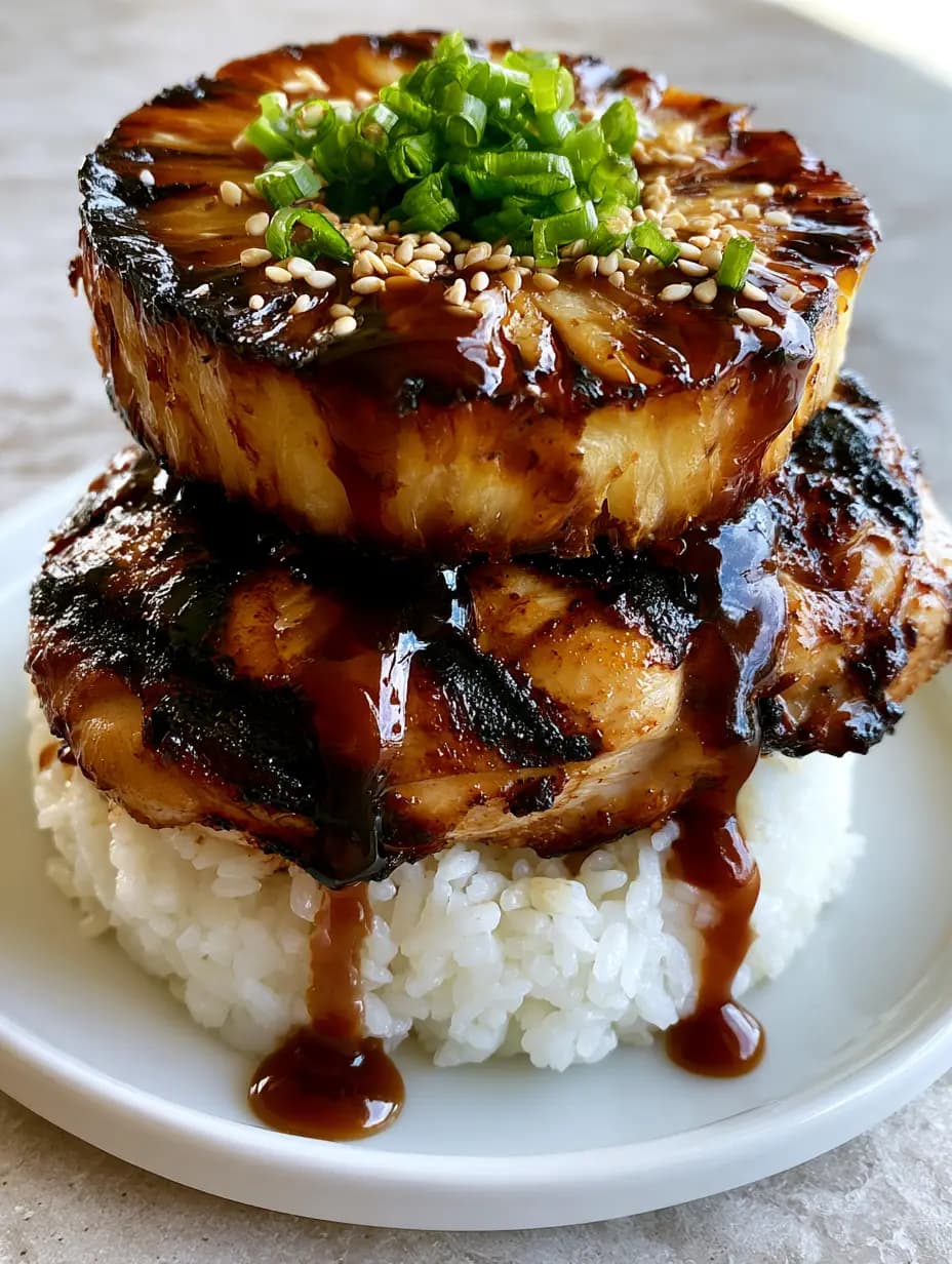 Huli Huli Chicken Stack with Grilled Pineapple and Jasmine Rice