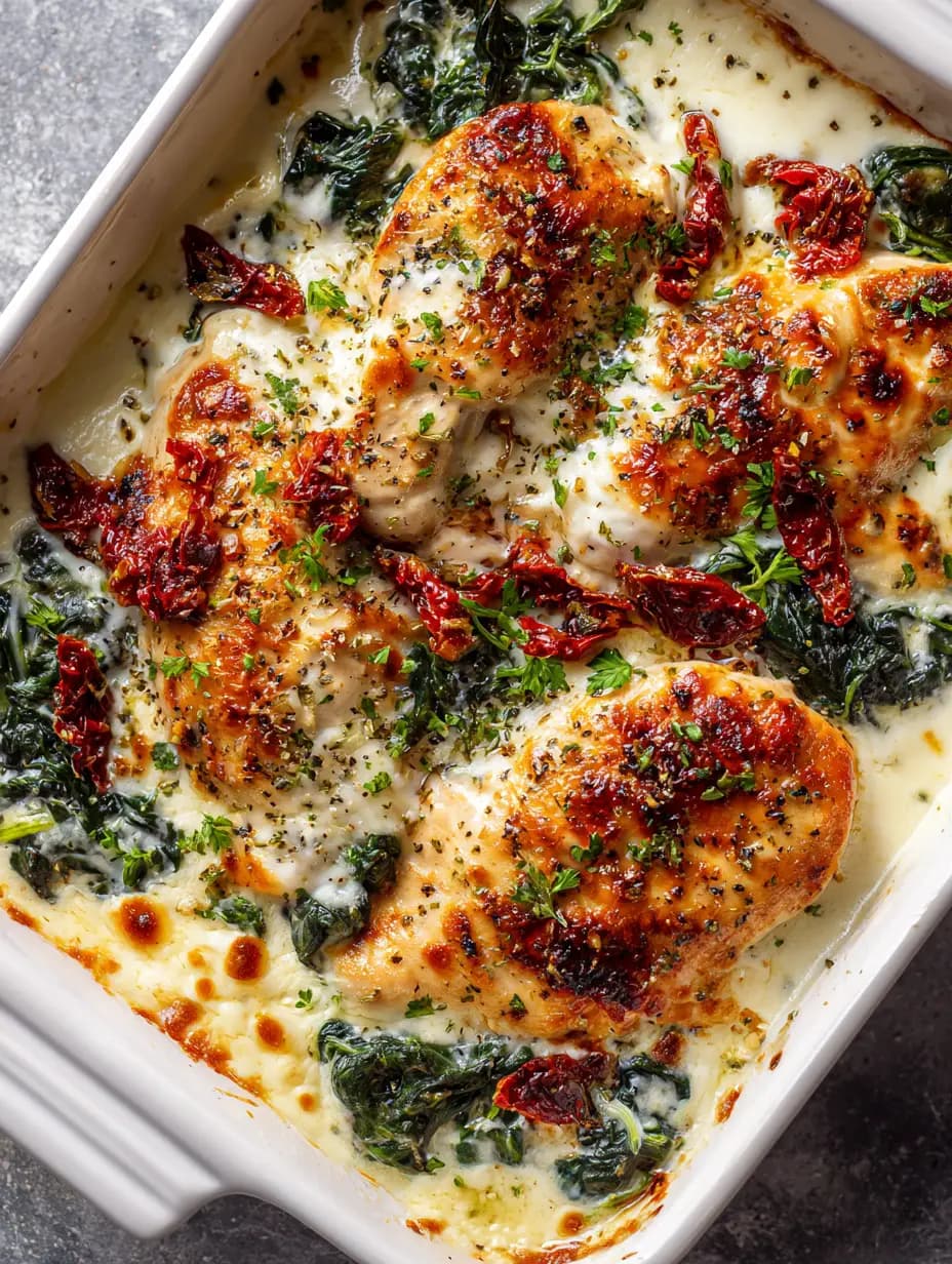 Baked Tuscan Chicken Casserole with Creamy Garlic Sauce and Spinach