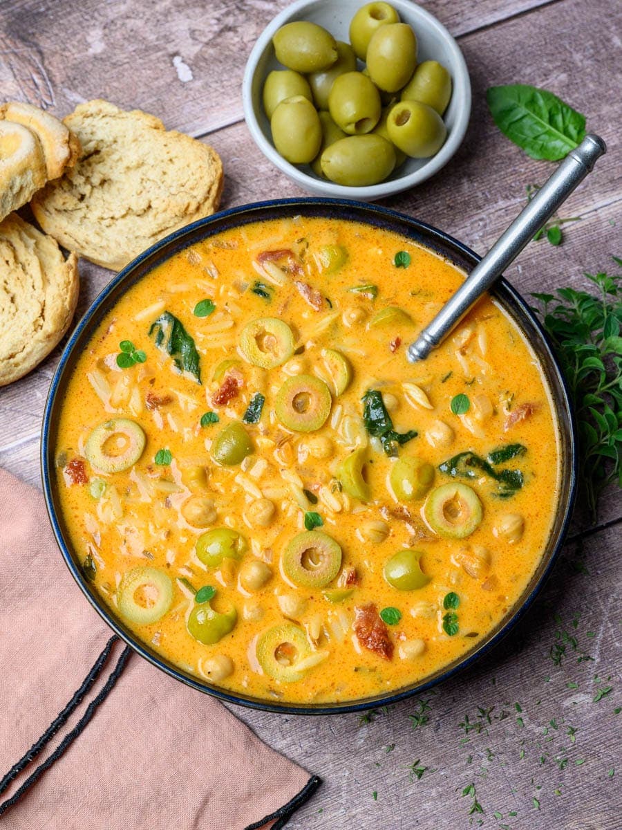 Green Olive Soup with Orzo and Chickpeas