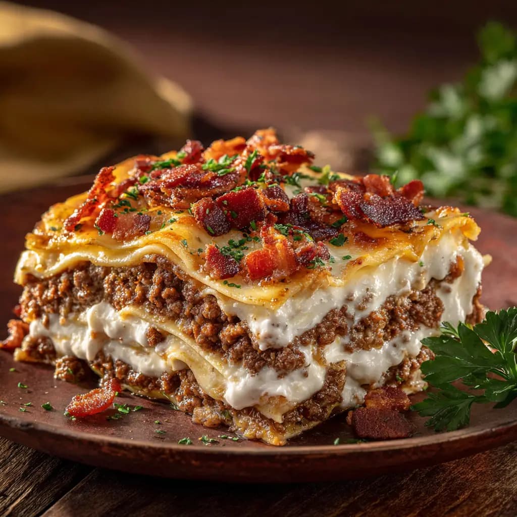 Bacon Cheeseburger Lasagna with Cheddar and Bacon