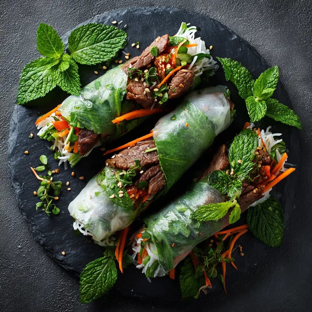 Thai Basil Beef Rolls with Peanut Dipping Sauce