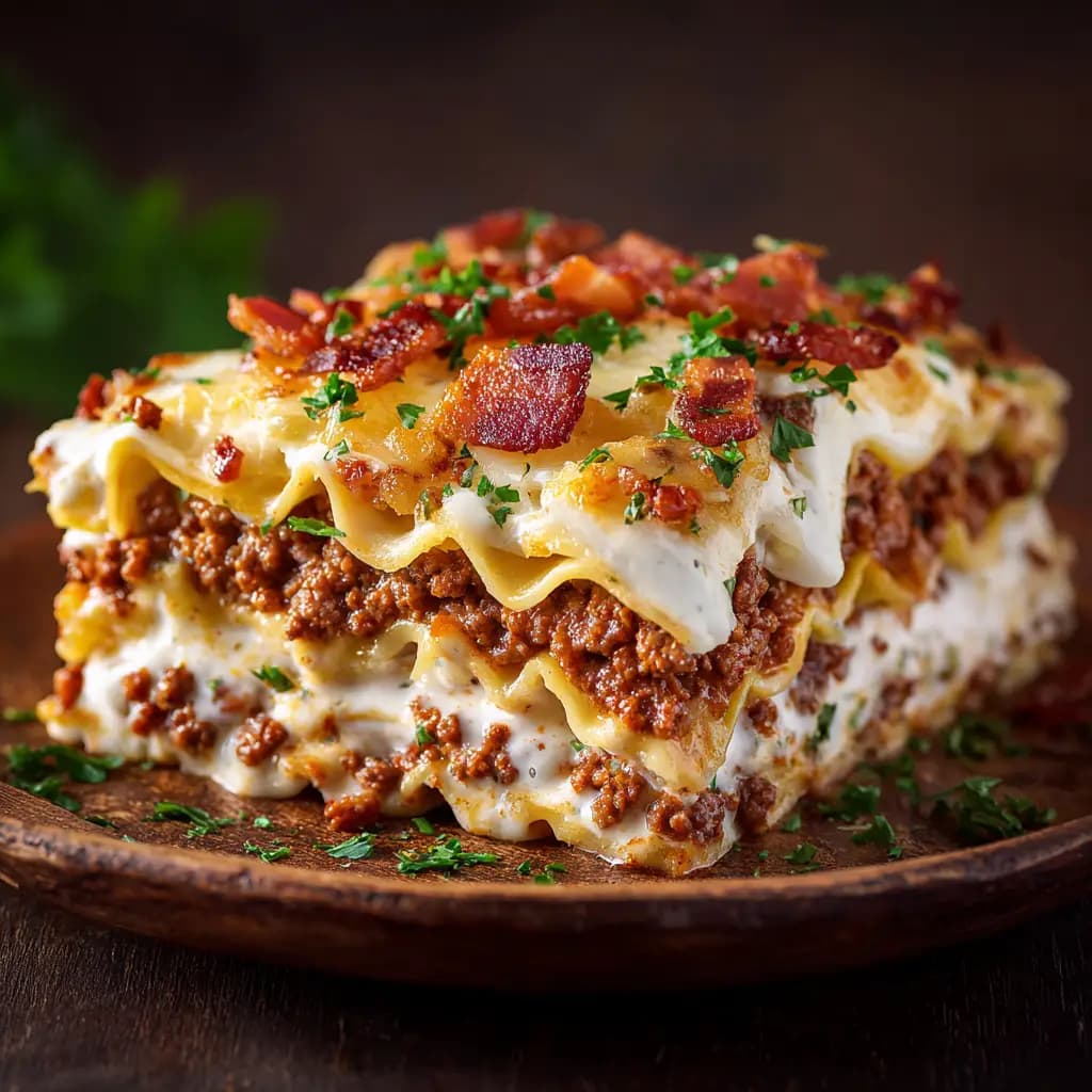 Bacon Cheeseburger Lasagna with Cheddar and Bacon