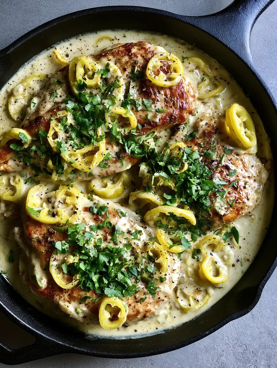 Creamy Pepperoncini Chicken with Garlic and Pepperoncini Brine