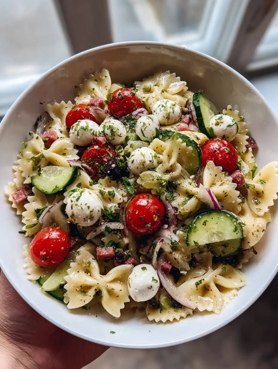 Italian Pasta Salad with Bowties, Salami, and Mozzarella