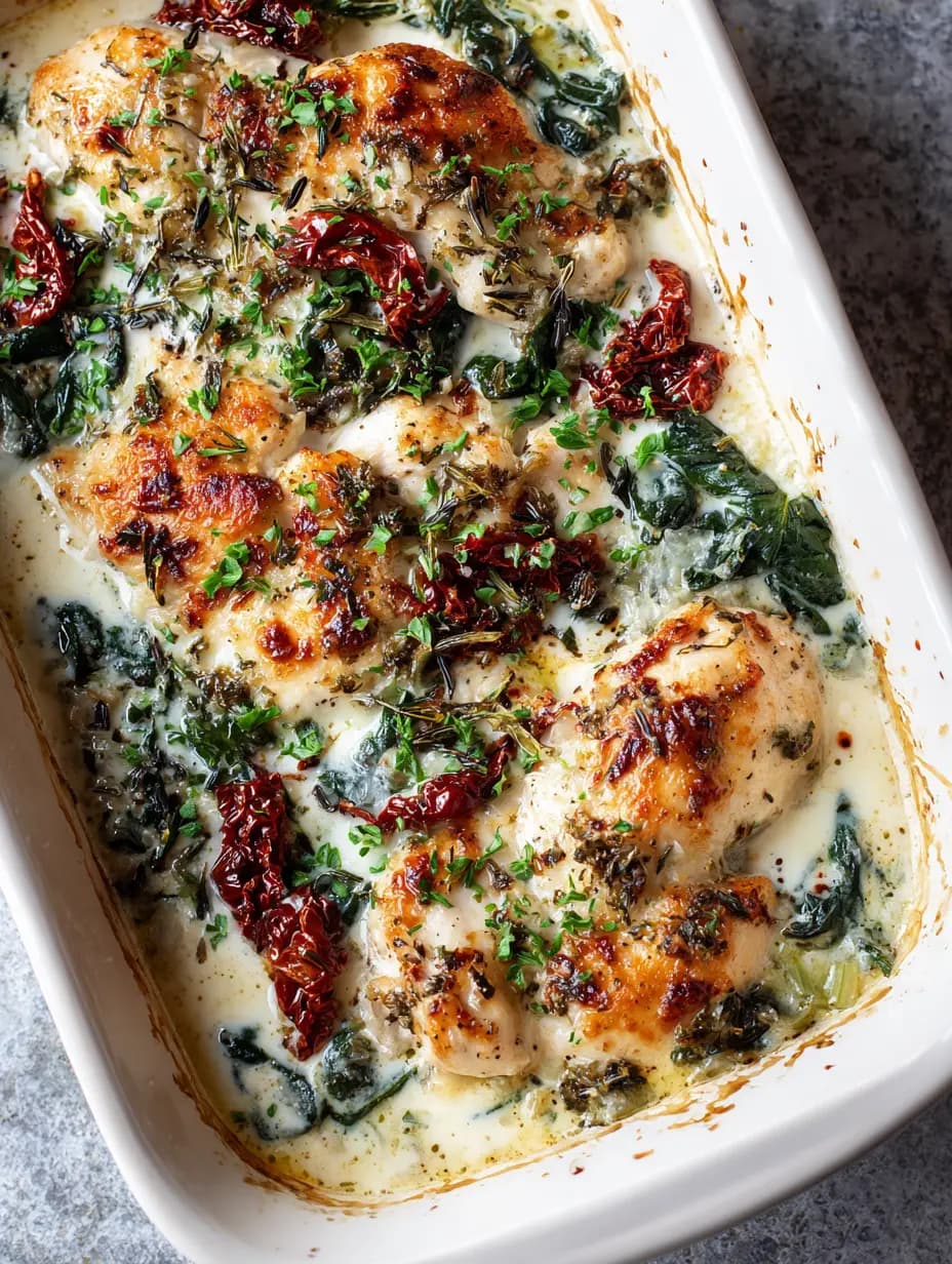 Baked Tuscan Chicken Casserole with Creamy Garlic Sauce and Spinach