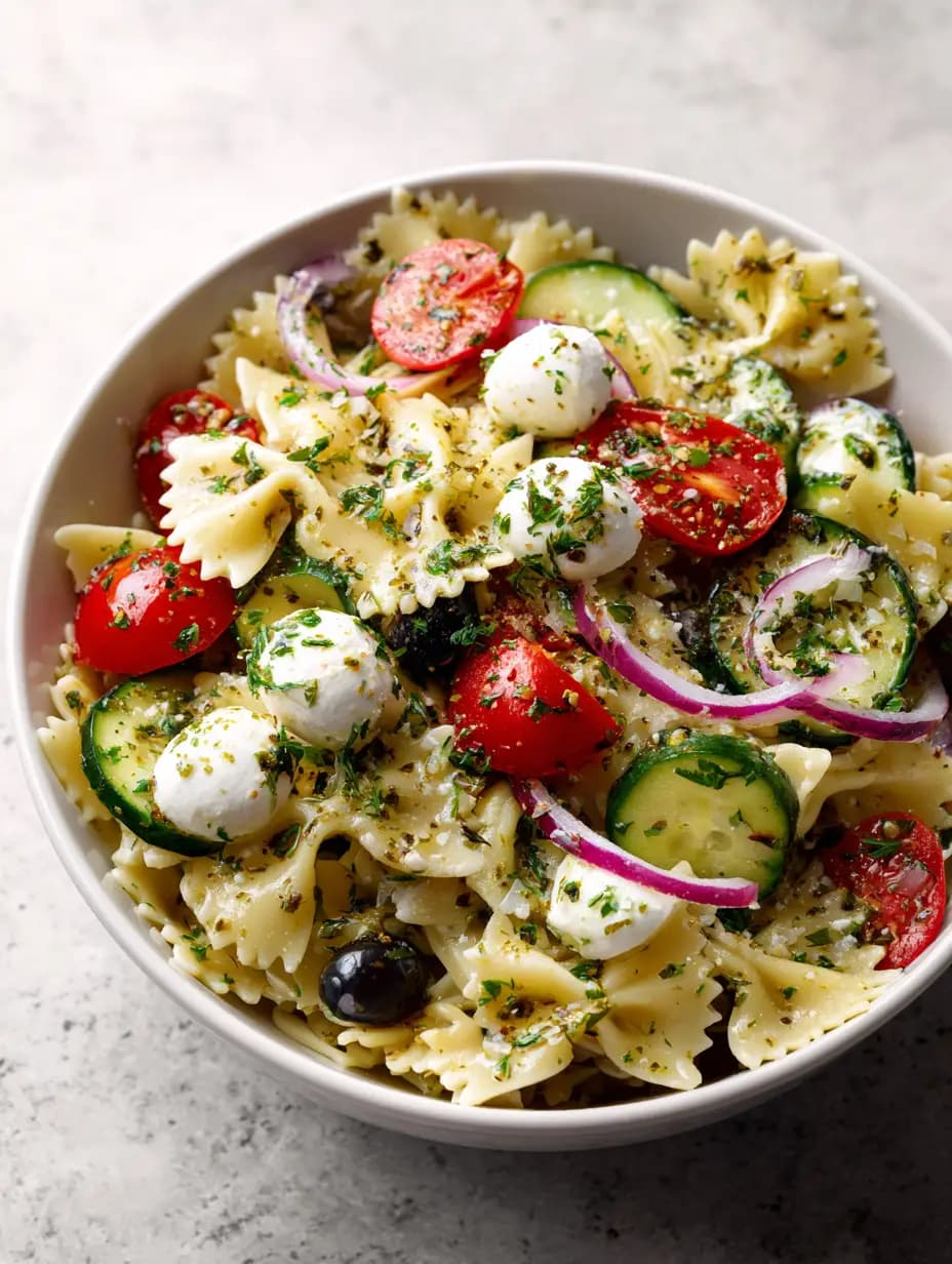 Italian Pasta Salad with Bowties, Salami, and Mozzarella